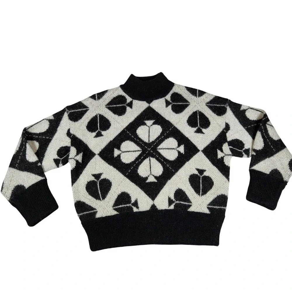 Kate‎ Spade Playful Spade Geo Mock Neck Sweater Black White Sparkle XS NWOT
